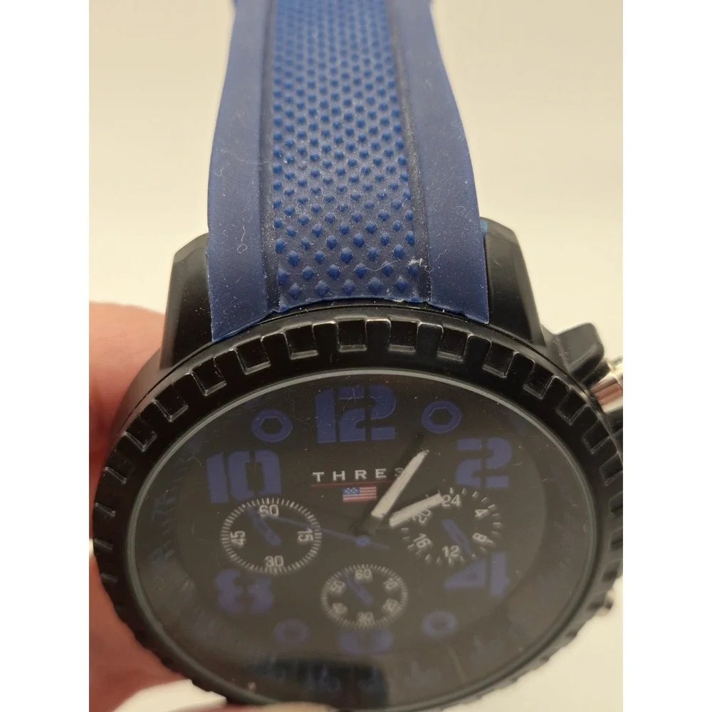 Accutime THRE3 Mens Sport Watch Black/Blue Dial Tachymeter Quartz Blue Silicone